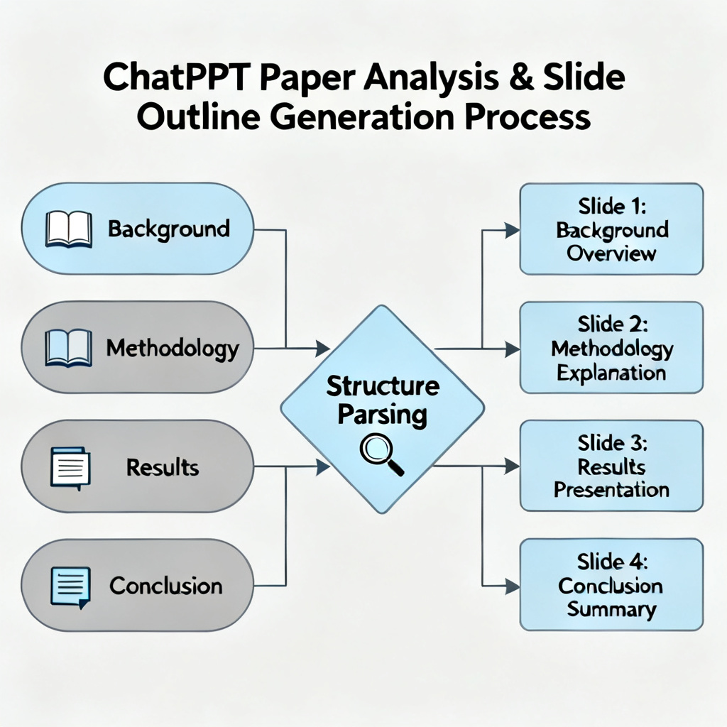 A diagram showing the process of ChatPPT analyzing a paper's structure (background, methodology, results, conclusion) and transforming it into a slide outline, with arrows and nodes, minimalist style, academic tone