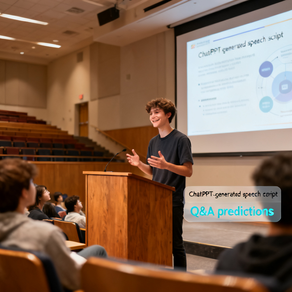 A confident student standing at a podium in a lecture hall, presenting a PowerPoint slide, with a small overlay showing ChatPPT's generated speech script and Q&A predictions, bright and successful atmosphere