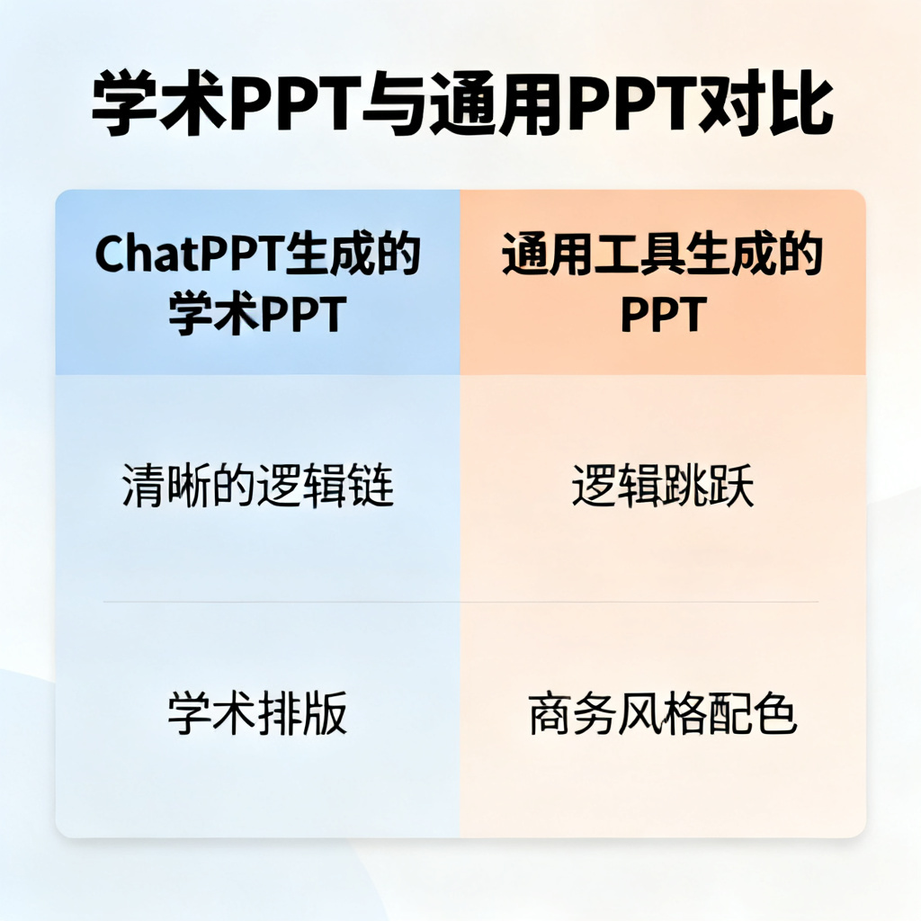 一张对比表格，左侧为ChatPPT生成的学术PPT，显示清晰的逻辑链和学术排版；右侧为通用工具生成的PPT，显示逻辑跳跃和商务风格配色