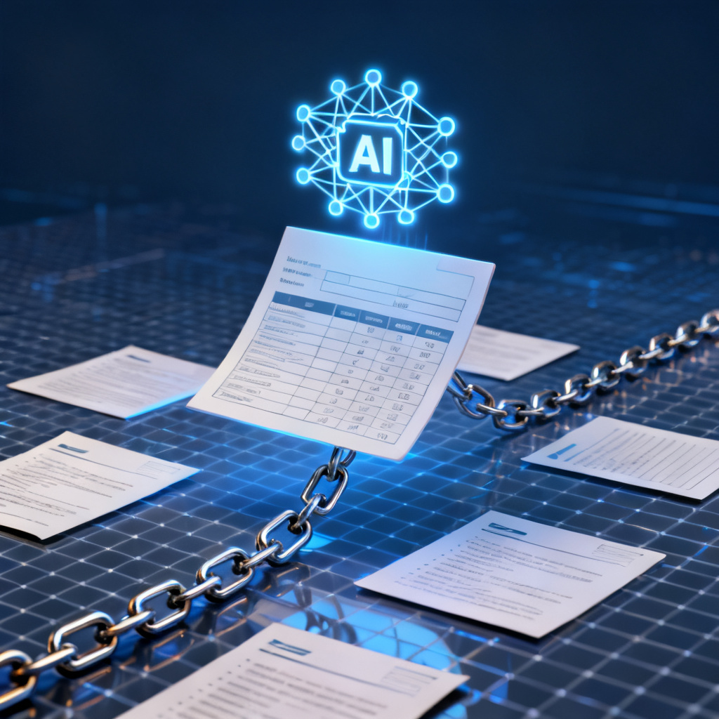 数据表格浮于空中的3D概念图，表格上方有一个发光的AI神经网络图标，下方链条连接至各个文档页面，透明背景，深蓝主色调，体现AI驱动的流程感，三维渲染风格