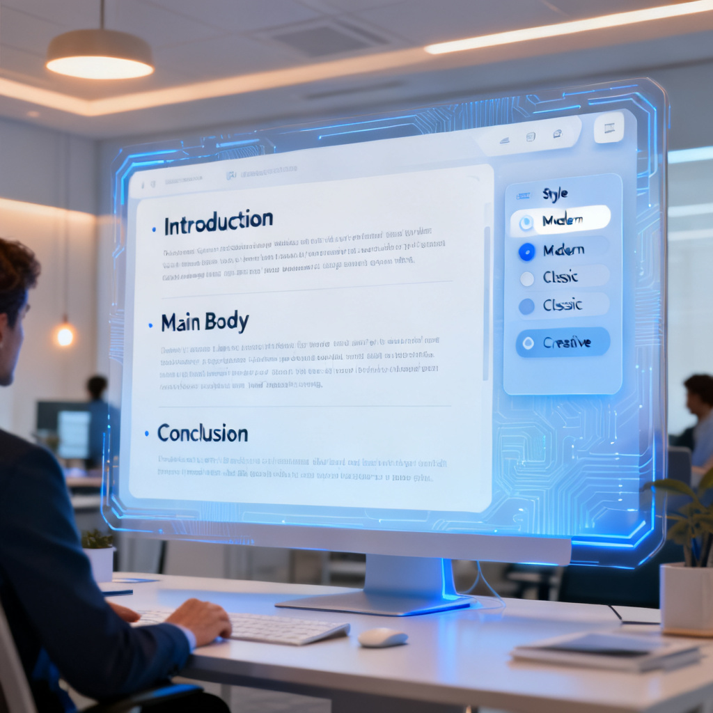 A professional interface of an AI presentation tool showing a structured speech draft with style options, in a modern office setting, digital art style.