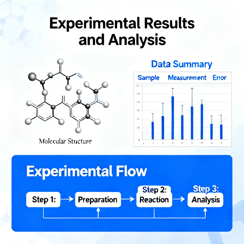 A clean academic presentation slide showing a complex molecular structure diagram with accurate chemical bonds, next to a data table with error bars and a flowchart illustrating experimental steps, all in a professional blue-and-white template