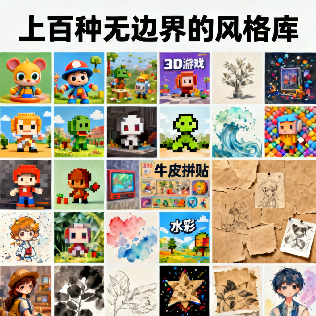 由多个格子组成的海报墙，每一格展示不同风格的艺术插画，有3D卡通、像素游戏、水彩画、牛皮纸拼贴等，整体排列整齐，风格各异，体现“上百种无边界的风格库”