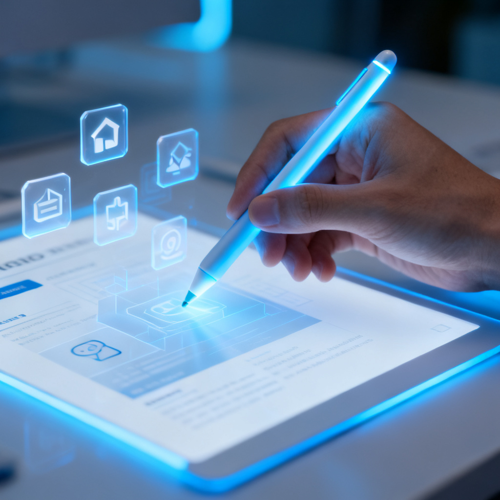 A close-up of a hand holding a glowing stylus, editing a 3D holographic slide with floating icons, in a clean tech style.