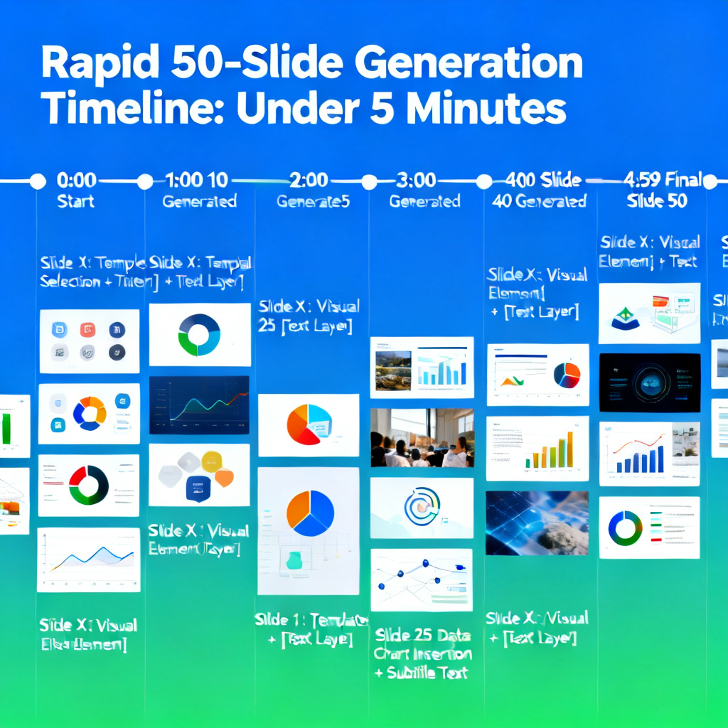 A timeline infographic showing the rapid generation of 50 editable slides in under 5 minutes, with each slide containing distinct visual elements and text layers