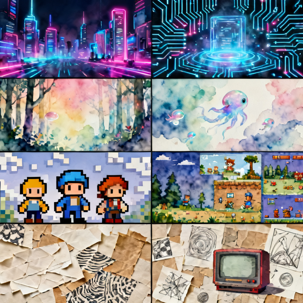 A collage of multiple presentation slides in different styles: cyberpunk, watercolor fantasy, pixel art, and paper collage, all generated by AI, showcasing diversity and high quality.
