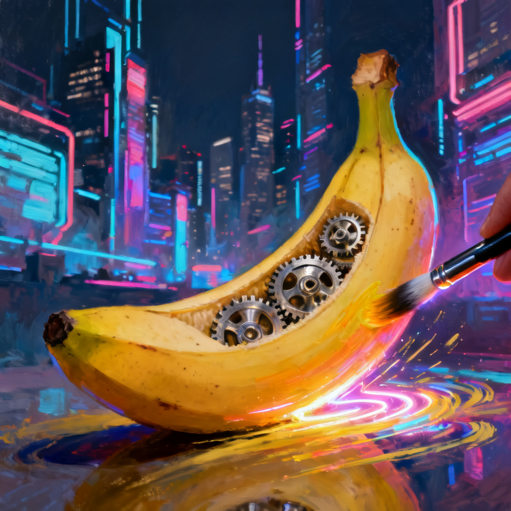 A hyper-realistic digital painting of a banana with metallic gears inside, being painted by an invisible brush, with vibrant neon colors and a futuristic city background.