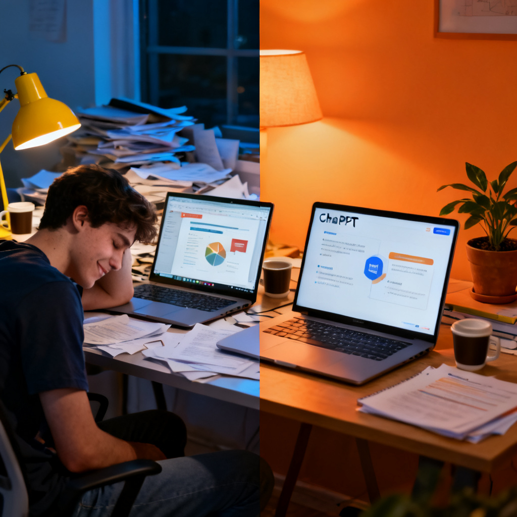 Split screen: Left side shows a tired student working late at night on a messy PPT; right side shows the same student relaxed, using ChatPPT with a clean, finished presentation. Style: contrast, emotional, before-and-after, warm colors on right.