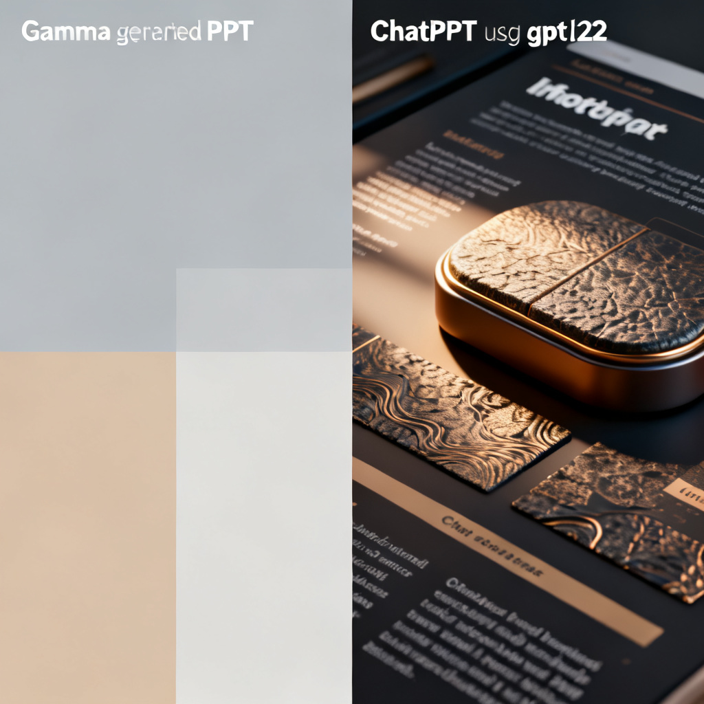 一个对比图，左侧是Gamma生成的PPT页面（简单色块拼接，缺乏纹理），右侧是ChatPPT使用gpt-image2模式生成的页面（包含精细的3D模型、光影效果、丰富纹理，文字排版精致）