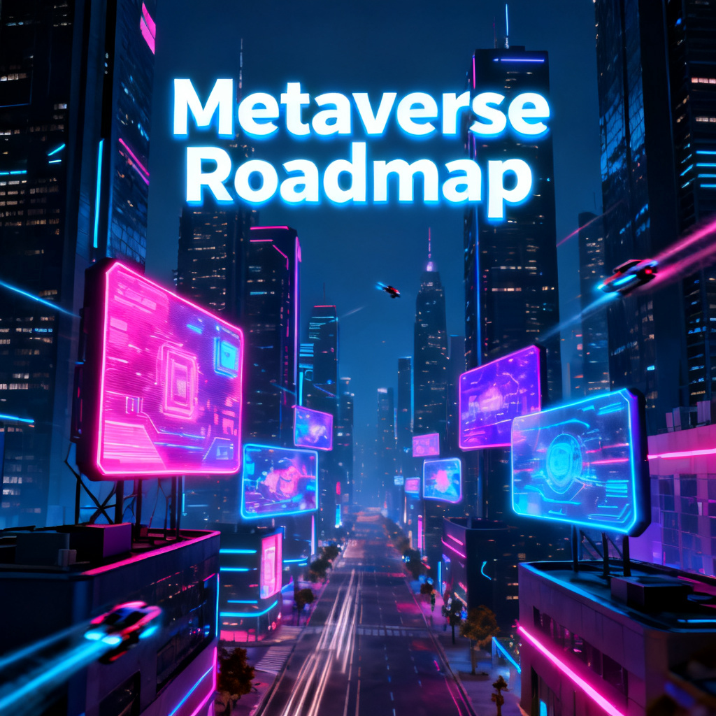 A futuristic cyberpunk cityscape with neon lights and holographic billboards, used as the background for a business presentation slide titled 'Metaverse Roadmap', style: 3D rendered with vivid colors and high contrast