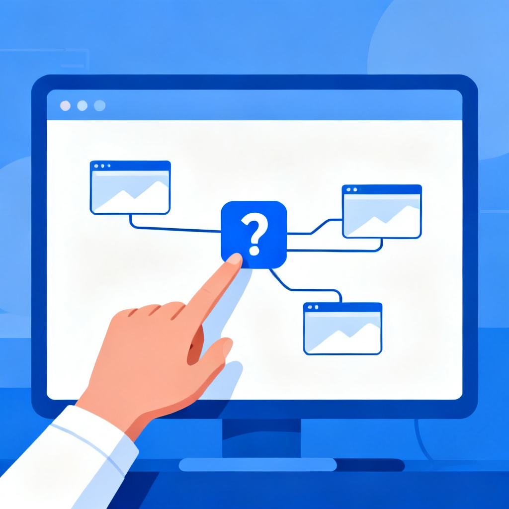 A user's hand pointing at a digital screen, where a question mark icon is connected by lines to specific slides in a presentation, representing traceability, minimalist, tech style, blue and white color scheme