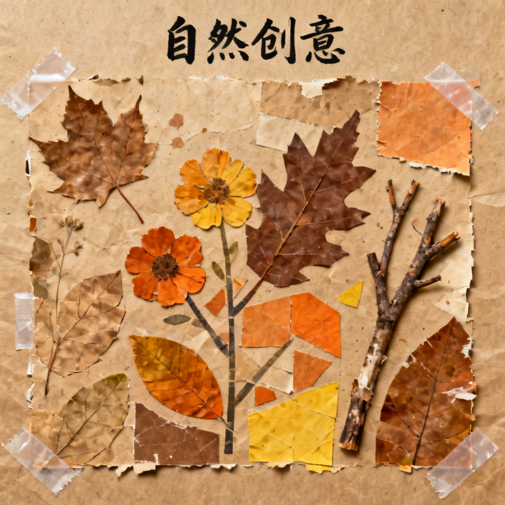 牛皮纸贴画风格,复古,手作感,拼贴,商业演示,创意,自然元素,暖色调