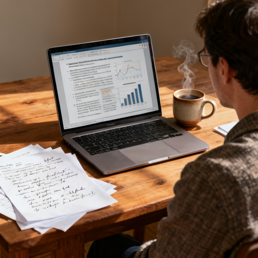 A researcher sitting at a desk, looking at a laptop screen displaying a complex academic PPT, with a cup of coffee and scattered papers around, realistic style, warm lighting