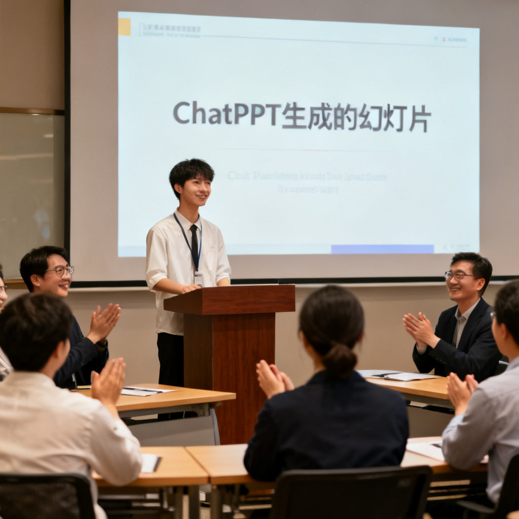 一个学生自信地站在答辩讲台前，屏幕上显示ChatPPT生成的幻灯片，评委们点头赞许