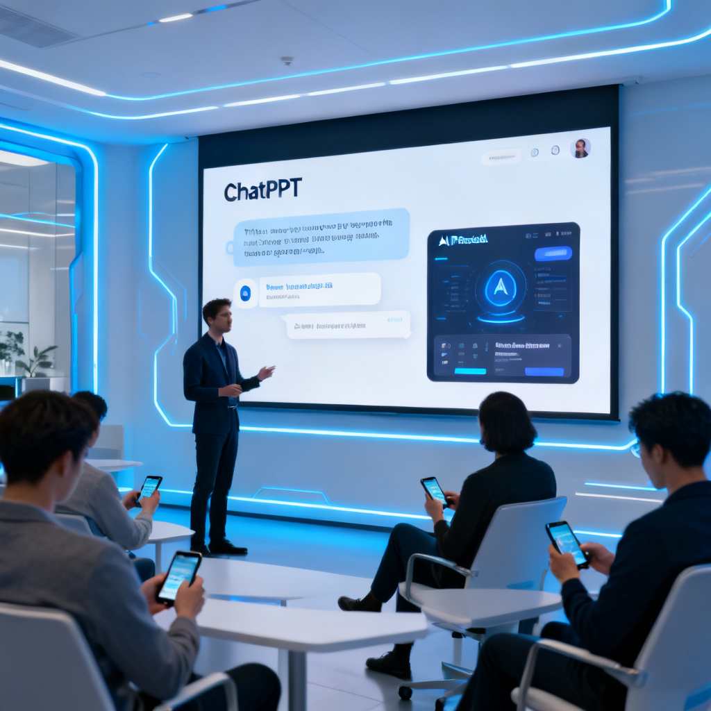 A futuristic office scene with a presenter using ChatPPT on a large screen, showing real-time speech generation and AI roadshow interface, with audience members interacting via mobile devices