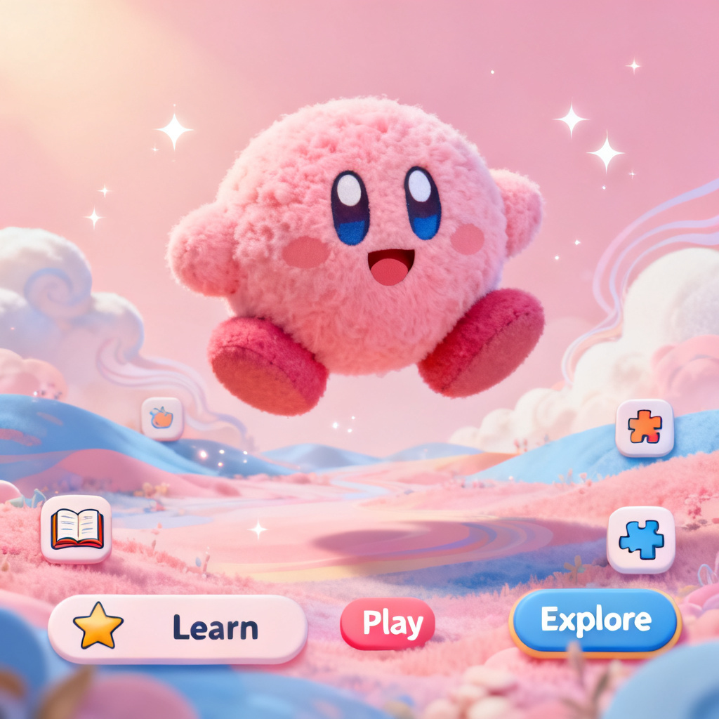 A colorful, soft, and round character resembling Kirby, floating in a dreamy pink and blue pastel landscape, with interactive UI elements for an educational app for children.