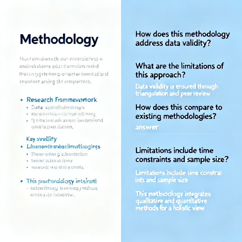 A screenshot of a ChatPPT interface showing a PPT slide about "Methodology" on the left, and a sidebar on the right listing three potential questions from the review committee, each with a suggested answer. The interface is clean, with a focus on the Q&A support feature.