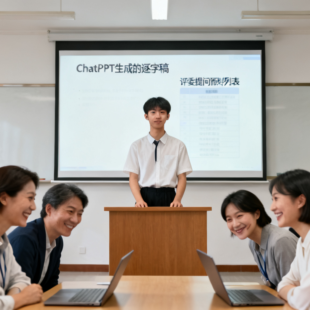 一位学生自信地站在答辩台上，背后大屏幕显示ChatPPT生成的逐字稿和评委提问预判列表，评委们露出认可的表情
