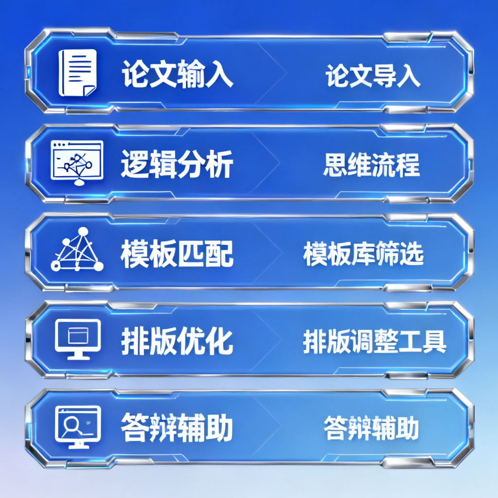 一张信息图,展示ChatPPT的工作流程:论文输入、逻辑分析、大纲生成、模板匹配、排版优化、答辩辅助,每个步骤用图标和文字标注,背景为渐变蓝色,科技感风格,适合用于技术评测文章。
