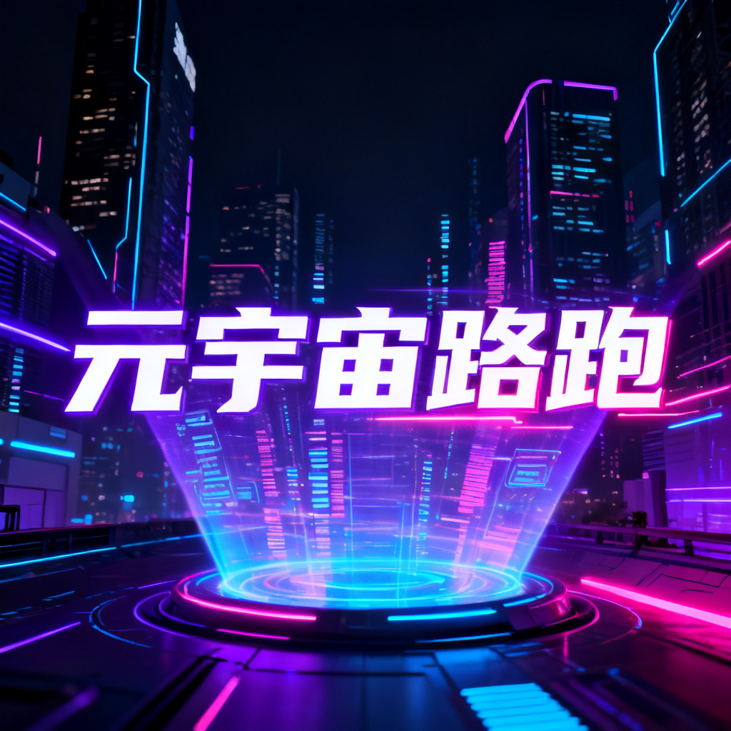 赛博朋克风格的元宇宙路跑PPT,霓虹灯光,全息投影,未来城市背景,暗调高反差
