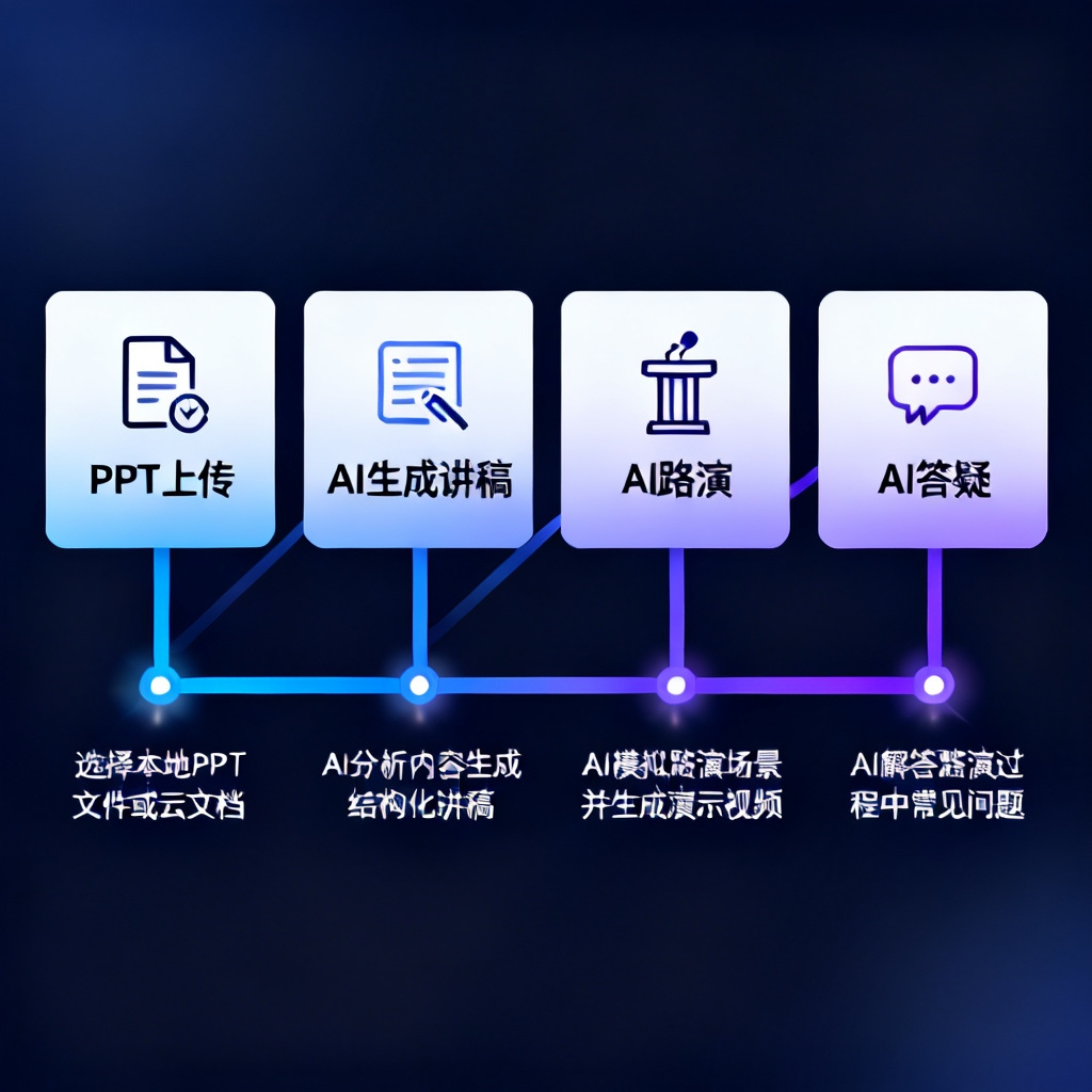 一张流程图,展示从PPT上传到AI生成讲稿、AI路演、AI答疑的完整链路,采用科技感线条和图标,风格现代