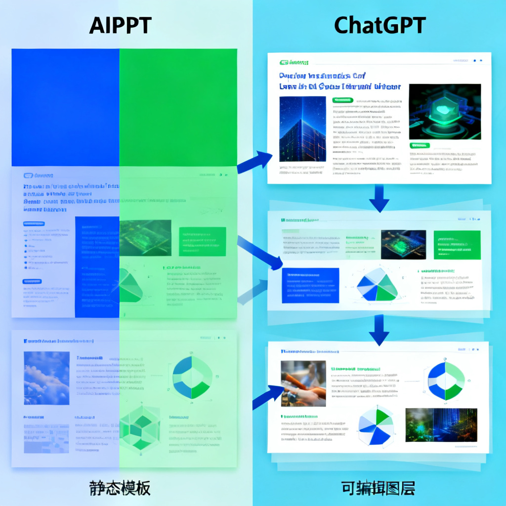 一张对比图,左侧为传统AIPPT生成的静态模板(色块拼接明显,风格割裂),右侧为ChatGPT生成的可编辑图层结构(文字、图片、图形独立分层,箭头指向图层分离的细节)