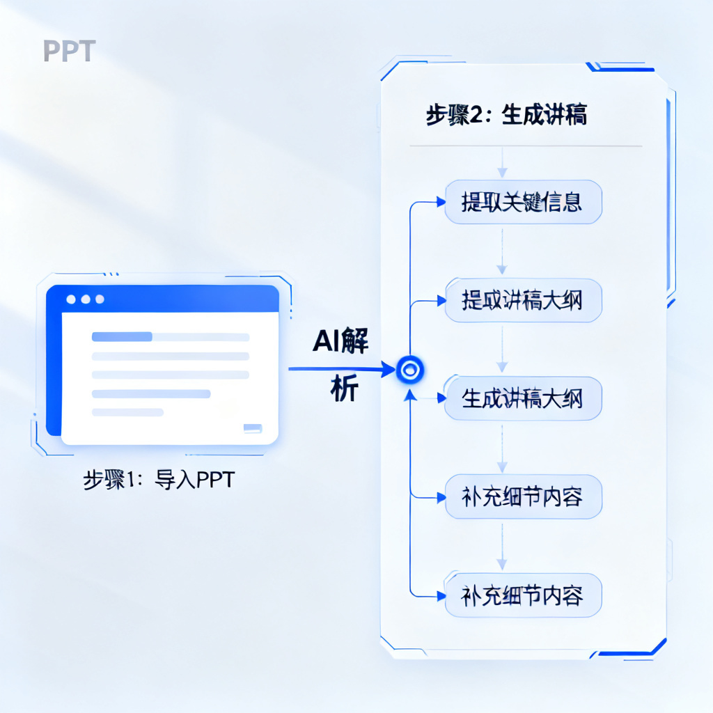 AI解构PPT并生成讲稿的流程图,左侧是幻灯片缩略图,右侧是讲稿文本,中间有箭头和逻辑节点标注,展示从幻灯片到讲稿的转换过程