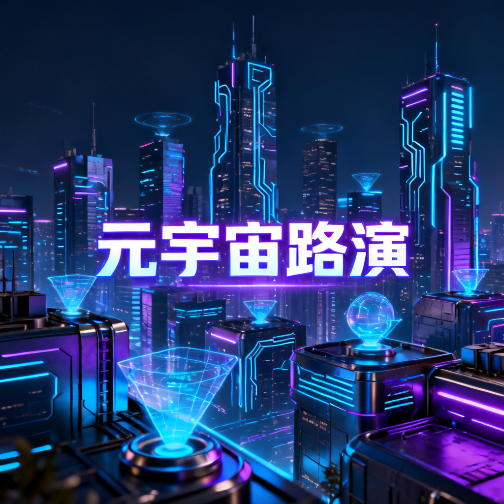 赛博朋克风格元宇宙路演PPT封面,霓虹灯光,城市天际线,3D渲染,高细节