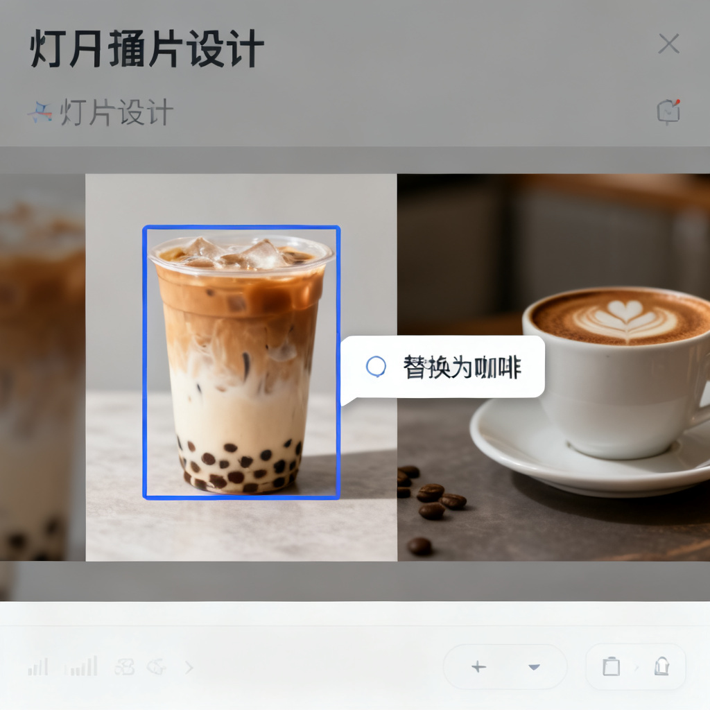 一张包含奶茶杯的幻灯片局部，用户用蓝色框选区域，旁边弹出“替换为咖啡”的指令提示，展示前后对比效果