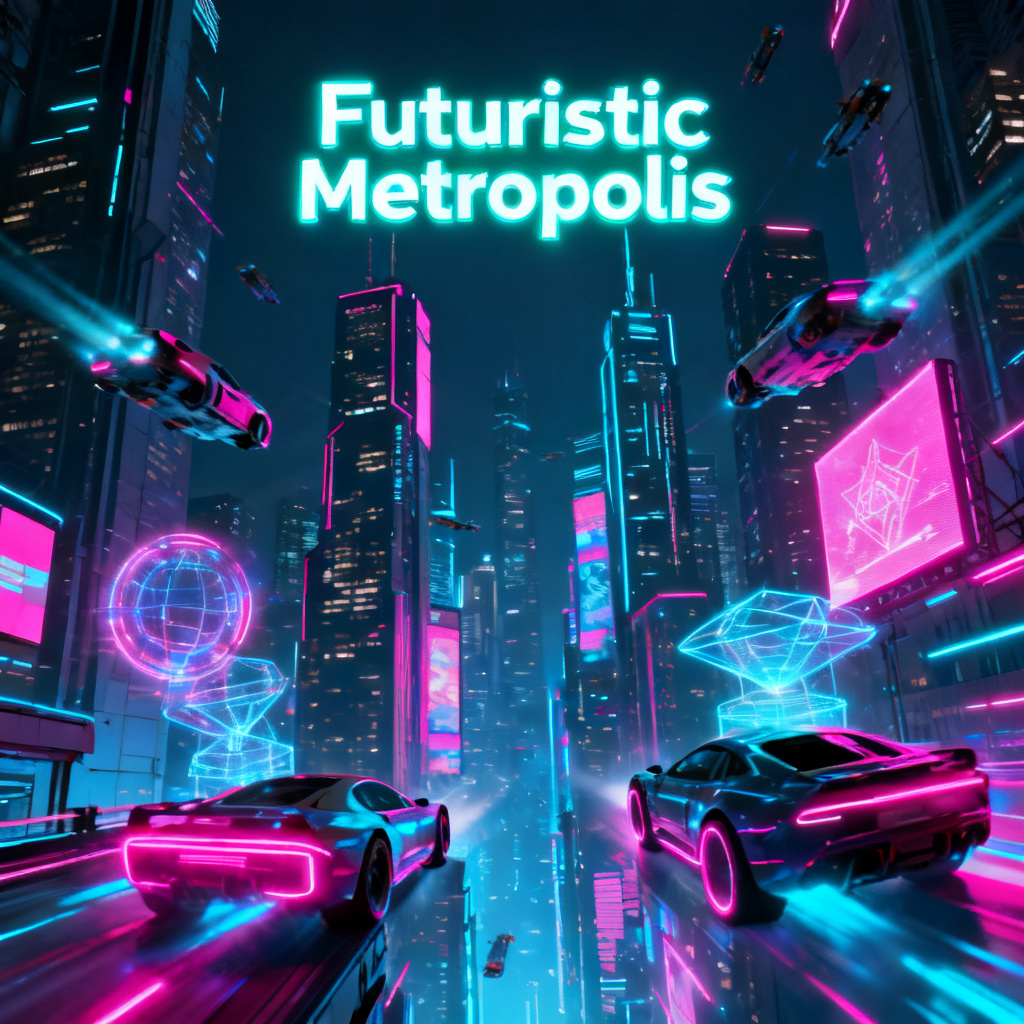 A cyberpunk-style presentation slide with neon lights and holographic elements, generated by ChatPPT's creative drawing mode, showcasing a futuristic cityscape.