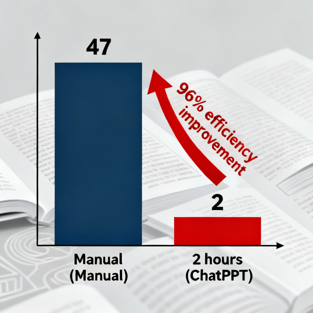 A bar chart comparing 47 hours manual vs 2 hours with ChatPPT, with a 96% efficiency improvement arrow, academic setting background