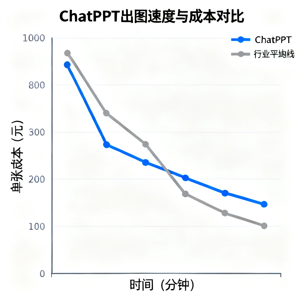 一张折线图展示ChatPPT出图速度与成本对比,横轴为时间(分钟),纵轴为单张成本(元),ChatPPT曲线显著低于行业平均,且有下降趋势