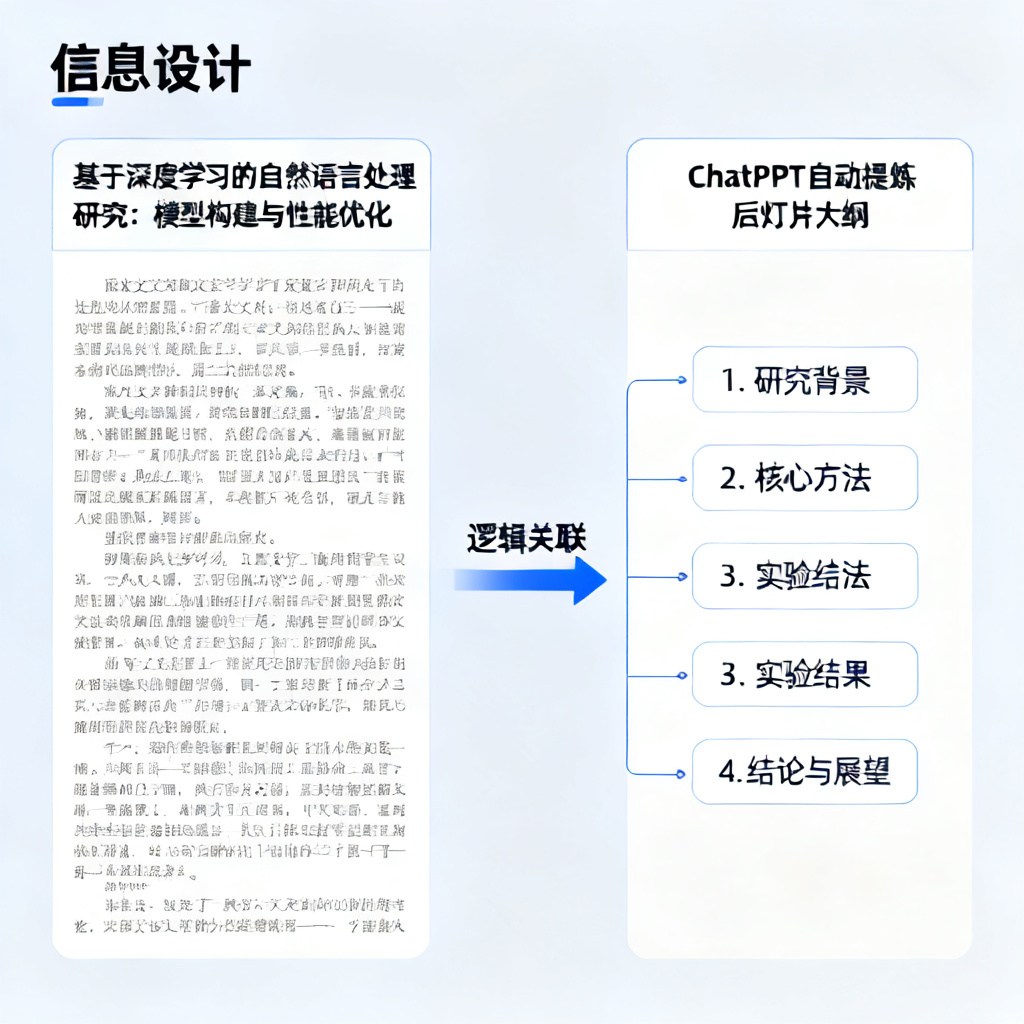 长文本处理流程示意图，展示从论文输入到逻辑提取，左侧为原始论文段落，右侧为ChatPPT自动提炼的幻灯片大纲，中间用箭头标注逻辑关联