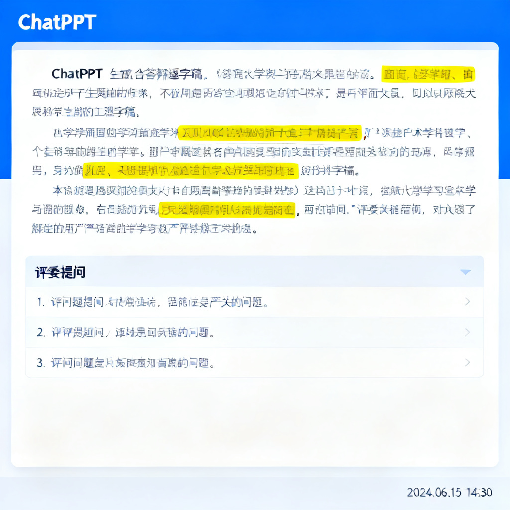 一张屏幕截图，展示ChatPPT生成的答辩逐字稿和“评委提问”列表，用户正在标注关键点，背景为学术风格