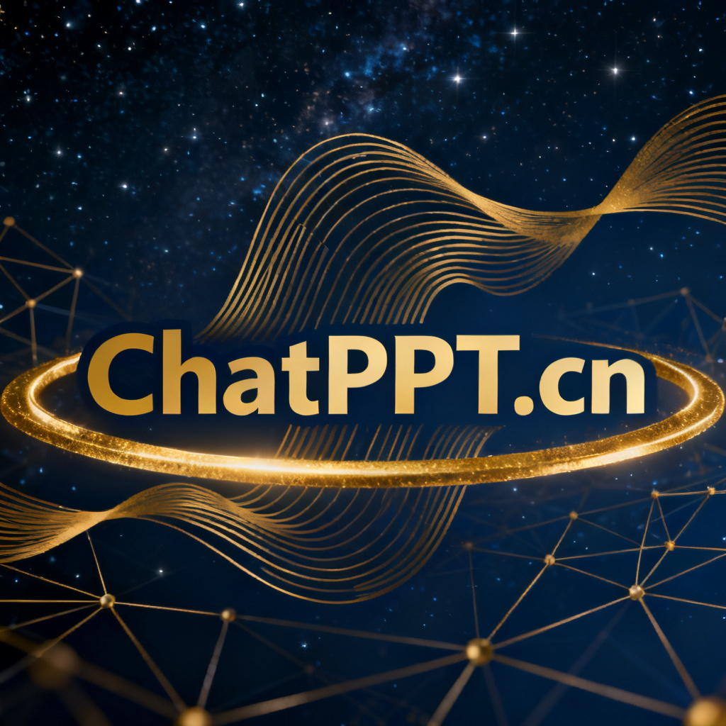ChatPPT的LOGO(ChatPPT.cn)被金色光环环绕,背景是星空和连接线,象征技术领先,抽象风格