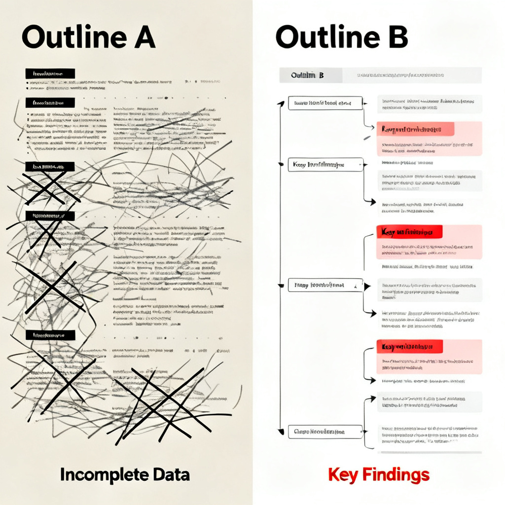 Split screen comparison: left side shows a messy, disorganized outline with missing data points; right side shows a clean, structured outline with highlighted key findings and logical flow