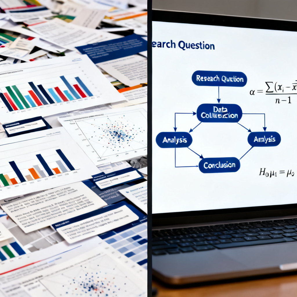 A split-screen comparison: left side shows a messy, cluttered slide with misaligned charts; right side shows a clean, professional academic slide with a well-organized flowchart and formula.