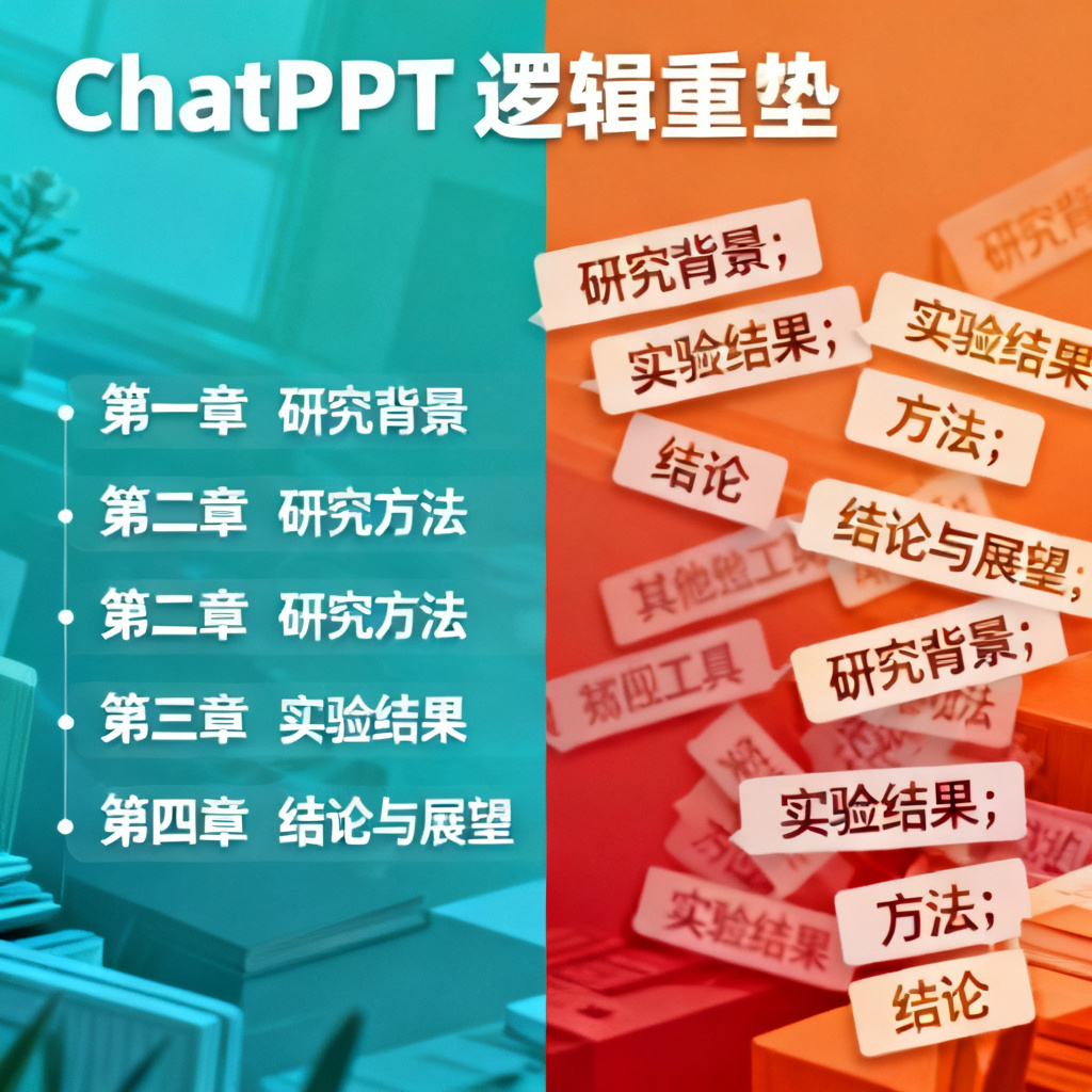 一张对比图，左侧显示ChatPPT将长篇论文自动提炼为逻辑清晰的PPT大纲，右侧显示其他工具生成的混乱大纲，突出ChatPPT的逻辑重塑能力。