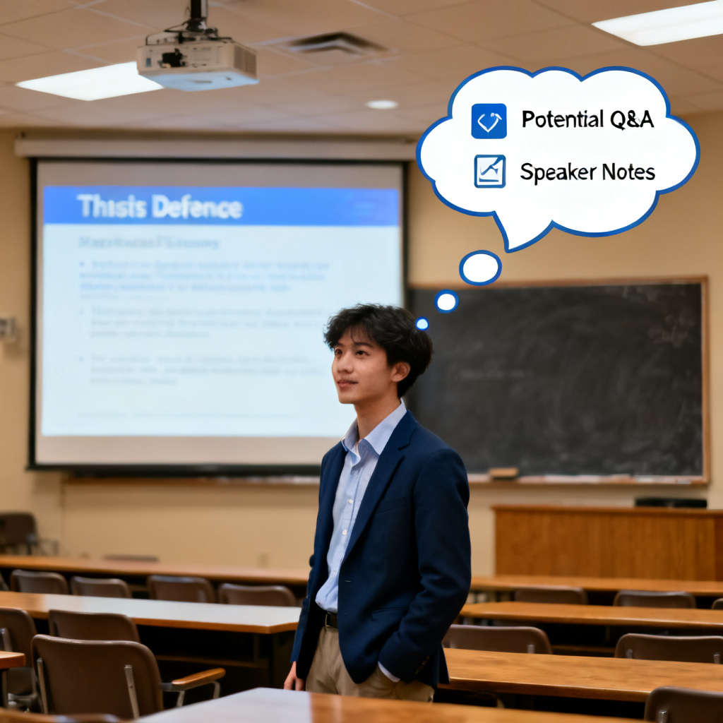A student standing confidently in front of a projector screen displaying a thesis defense slide, with a thought bubble showing 'Potential Q&A' and 'Speaker Notes' icons, in a university lecture hall