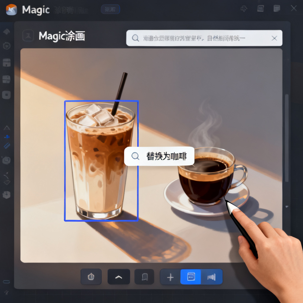 Magic涂画操作界面，用户框选页面中的奶茶区域，输入指令将其替换为咖啡，AI自动融合光影和风格