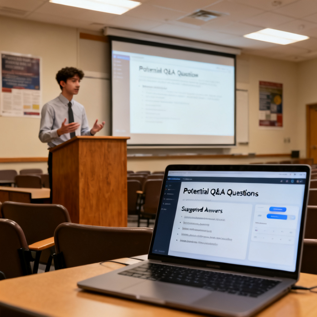 A student stands confidently at a podium in an academic lecture hall, presenting a PowerPoint slide. In the foreground, a laptop screen shows an AI interface listing potential Q&A questions and suggested answers for the current slide.