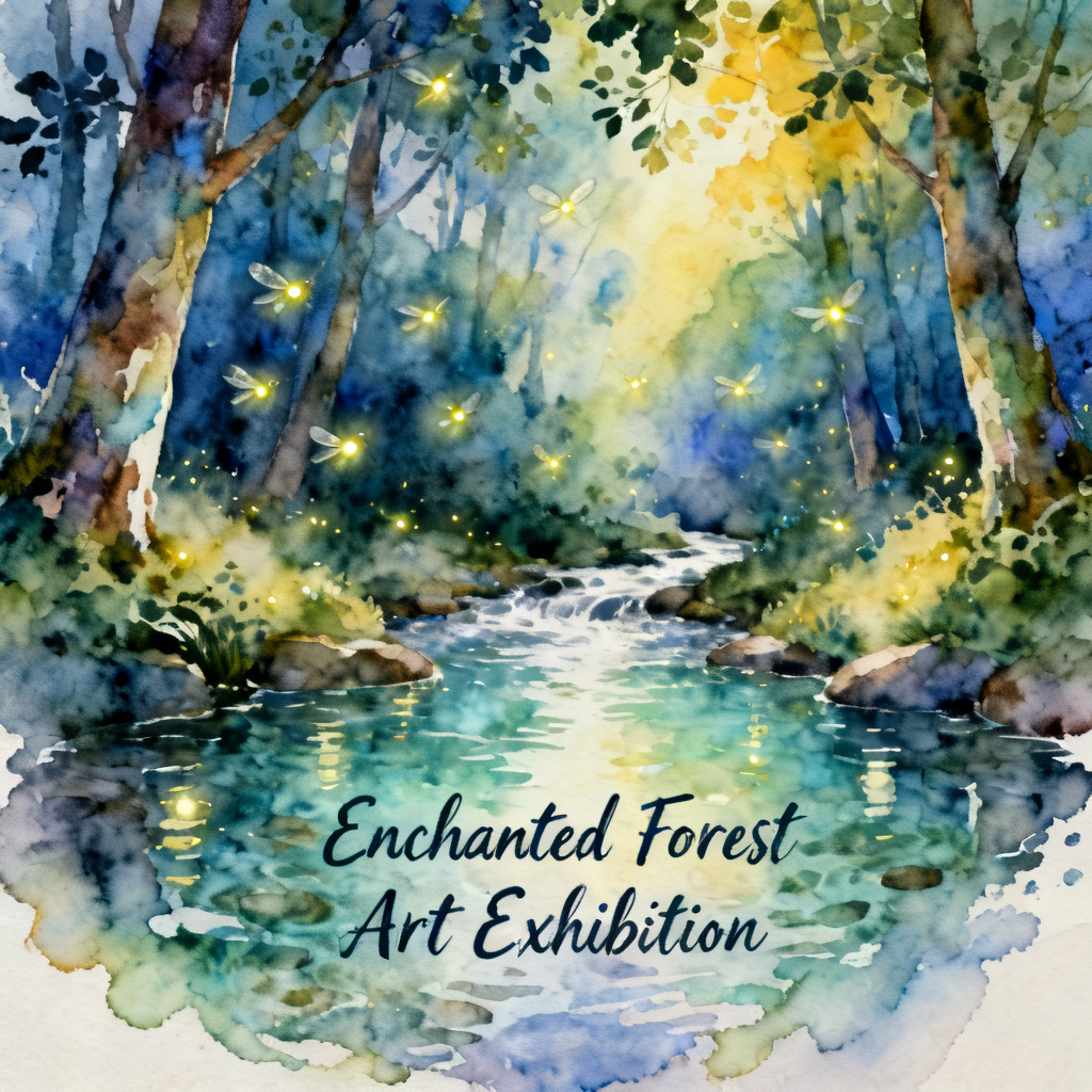 A watercolor painting of a magical forest with glowing fireflies and a crystal-clear stream, with soft, bleeding edges and a dreamy, ethereal atmosphere, for an art exhibition invitation.