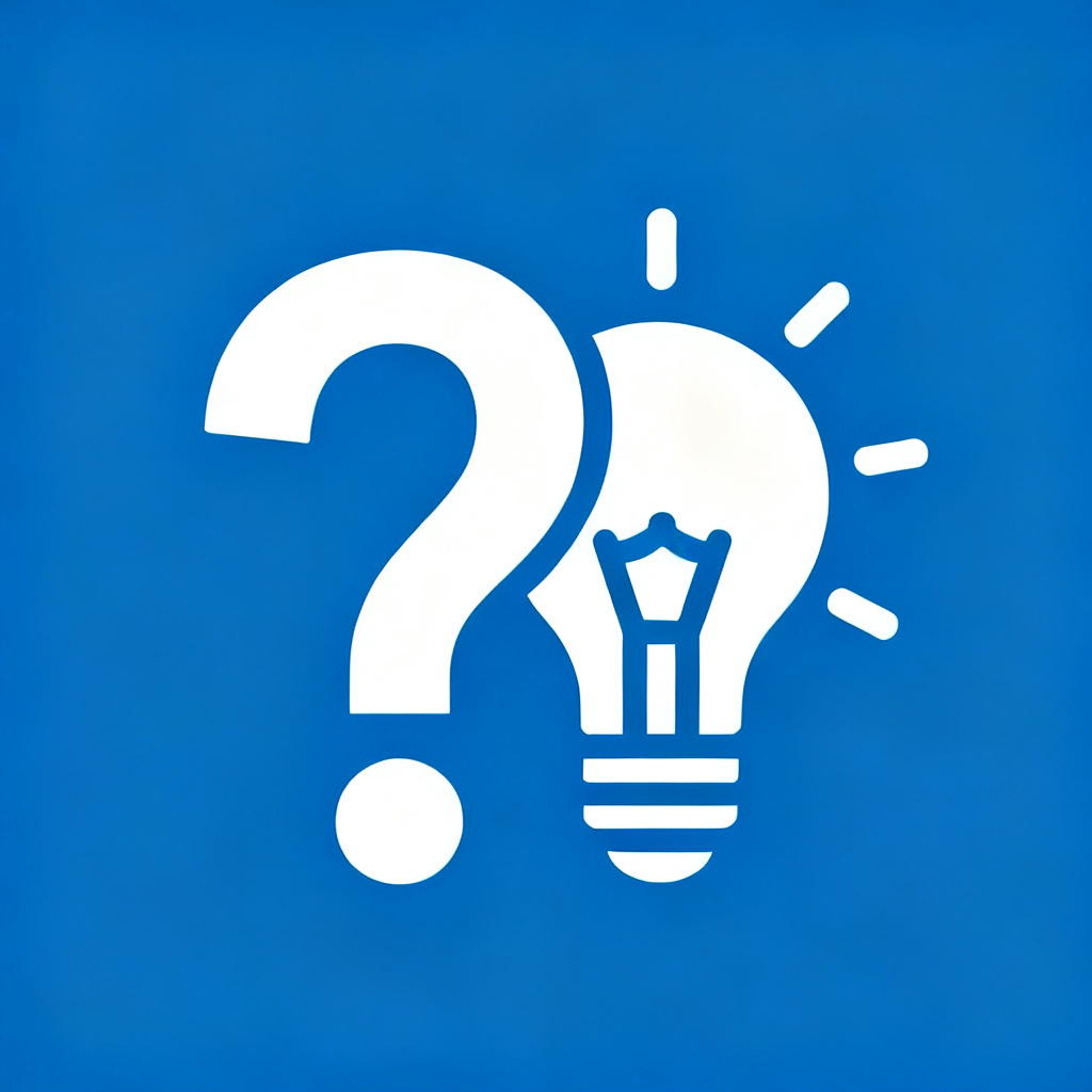 A simple icon of a question mark and a lightbulb, representing Q&A, flat design, blue and white colors