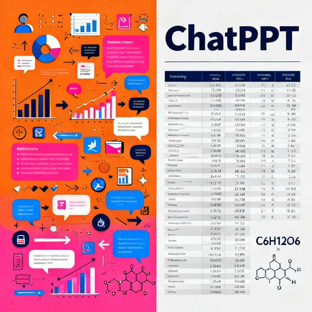 A side-by-side comparison of two presentation slides: Left side shows a cluttered, marketing-style slide with vibrant colors and icons; Right side shows a clean, academic-style slide with a complex data table, molecular formula, and a clear title, labeled 'ChatPPT'.