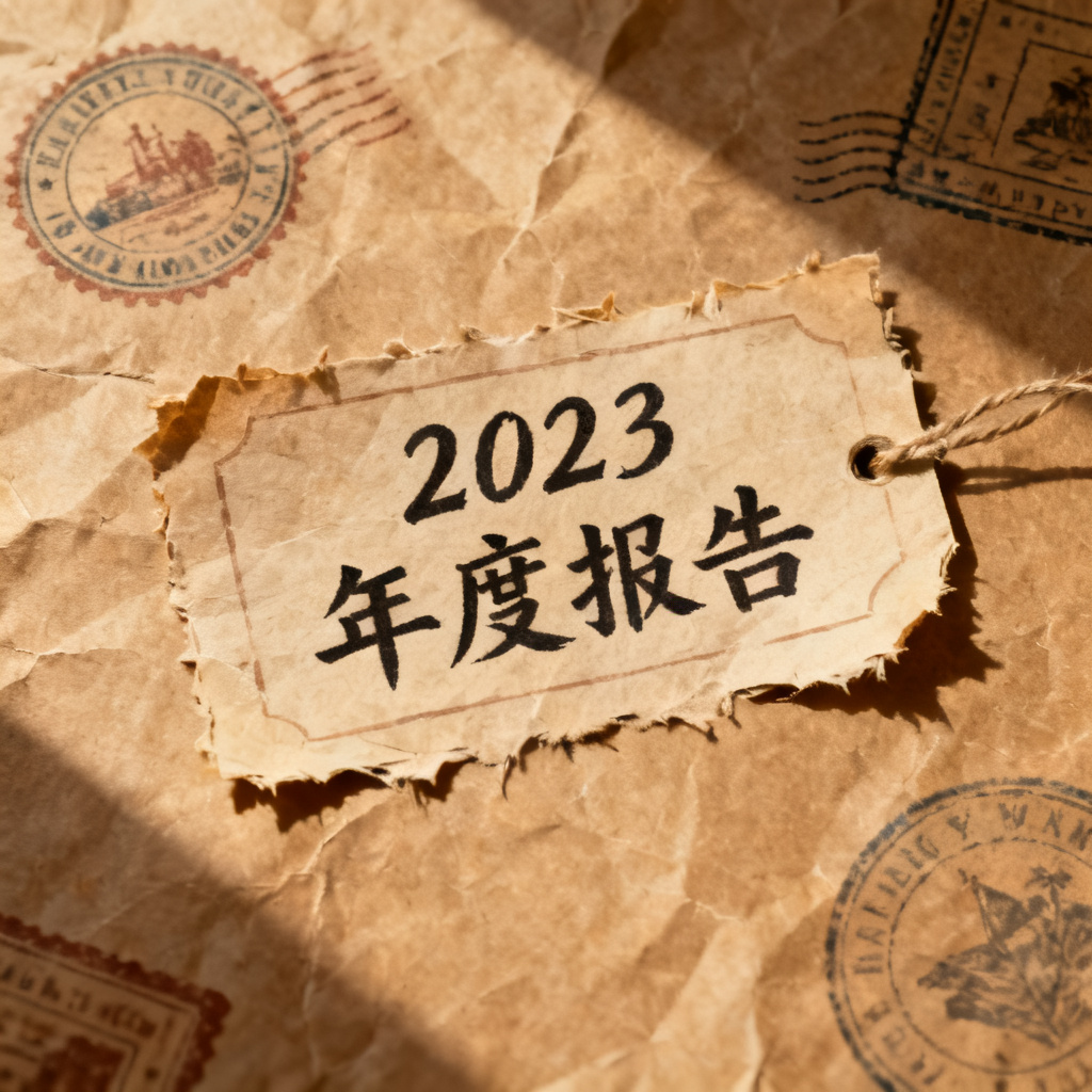 牛皮纸贴画风格年度报告，纸质纹理背景，复古邮票装饰，手写标签，暖色调配色，毛边处理，复古字体，自然光影