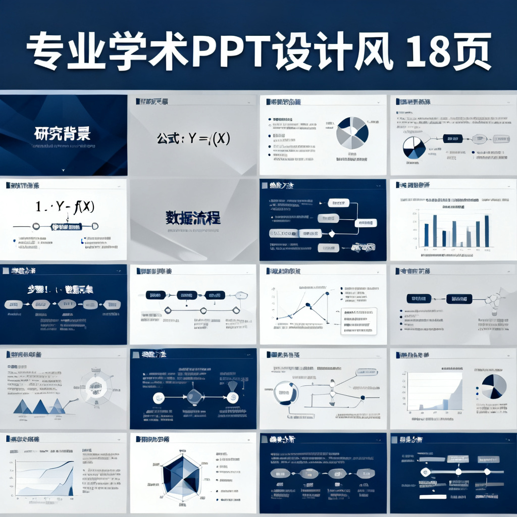 同一篇博士论文在ChatPPT中生成的18页完整幻灯片，展示逻辑清晰的数据流、高清渲染的公式和实验流程图，配色专业严谨