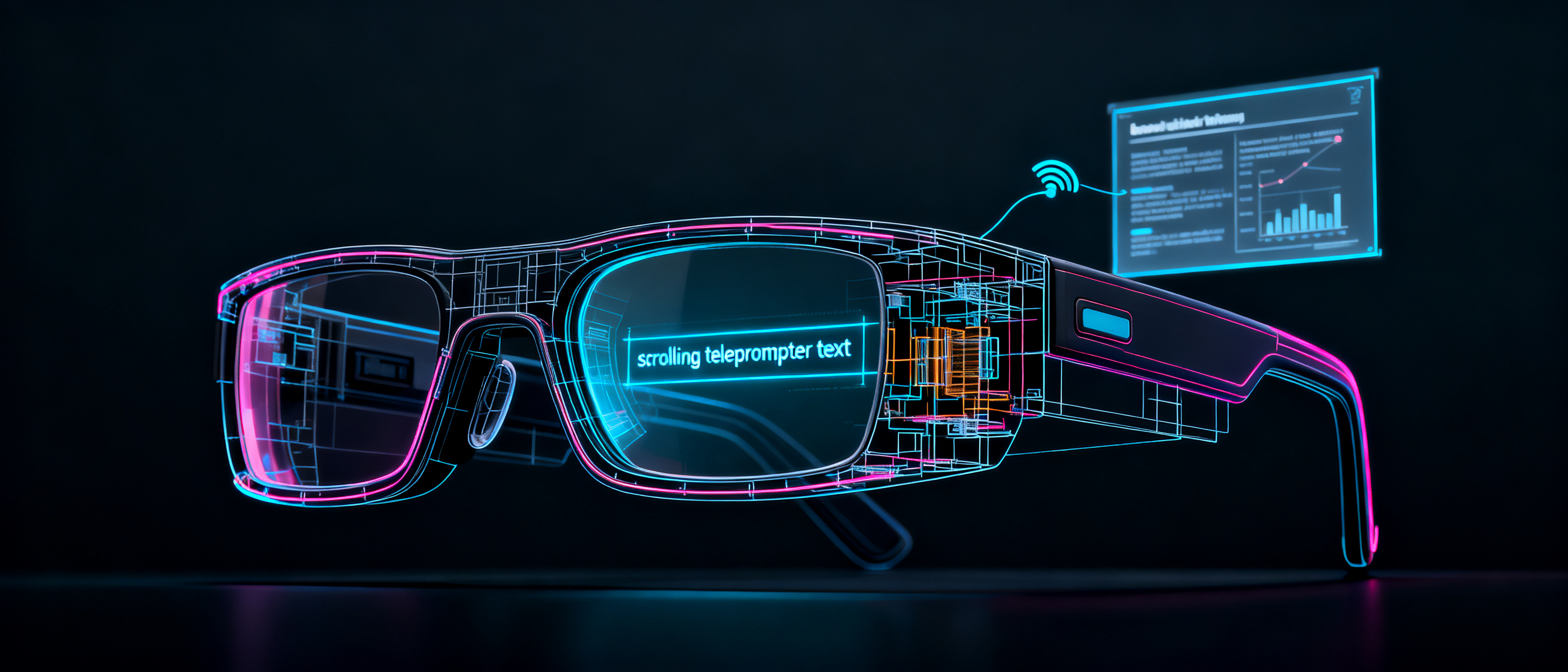 An exploded view of a futuristic smart glasses device, showing the internal micro-display with scrolling teleprompter text visible through the lens, connected wirelessly to a floating presentation slide in the background, technical blueprint style with neon accents, dark background, clean and precise, 4K