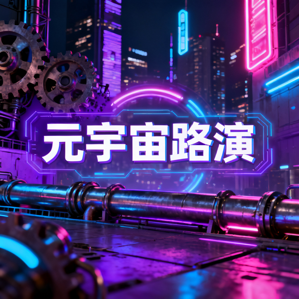 赛博朋克风格的元宇宙路演PPT封面，霓虹灯色彩，城市夜景，机械元素，科技感字体，高对比度光影