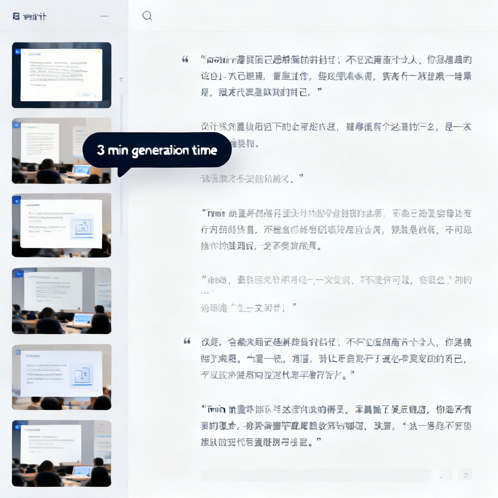 A screenshot showing ChatPPT's "Speaker View" interface, with the left side displaying slide thumbnails and the right side showing the full speech script. A callout bubble reads "3 min generation time". The interface is clean, professional, with Chinese UI elements.