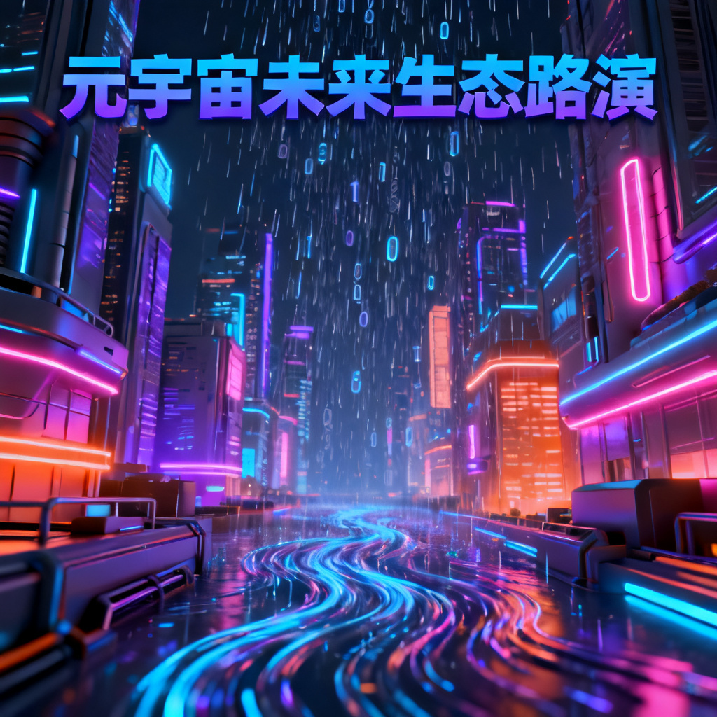 赛博朋克风格的元宇宙路演PPT，霓虹灯光，未来城市，3D渲染，数字雨效果